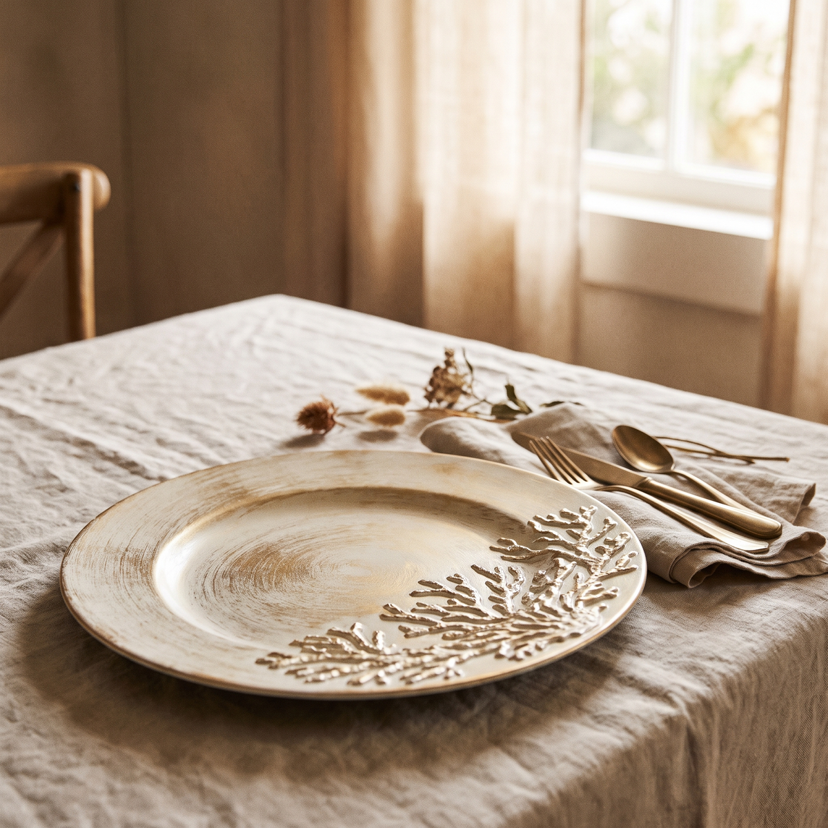 Decorative charger plate on a linen table