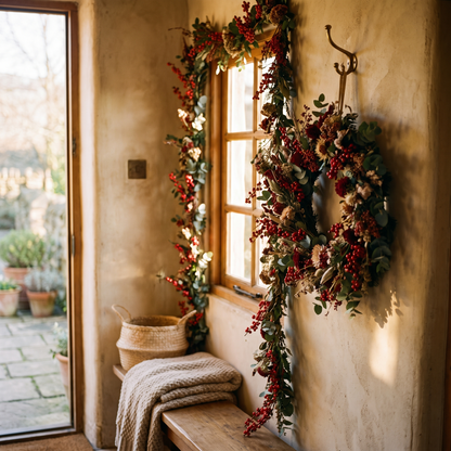 Red berry Christmas wreath hanging by a window