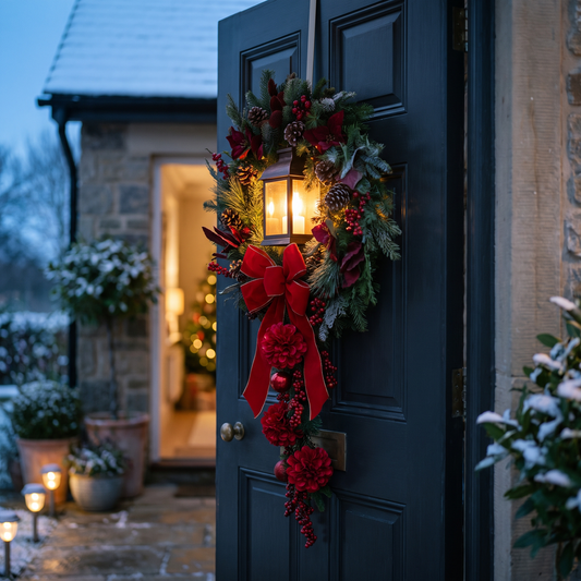 Lit Christmas wreath with bow and red ball flower