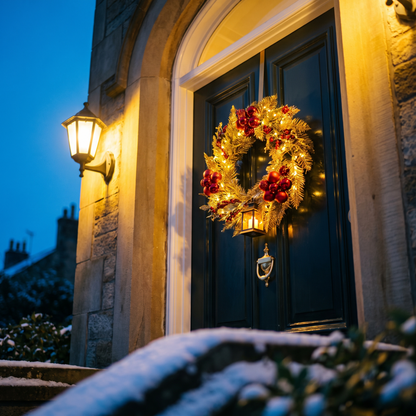 Golden Christmas wreath with lights on a door