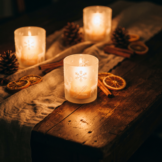 Frosted decorative candle covers on a dark wood table