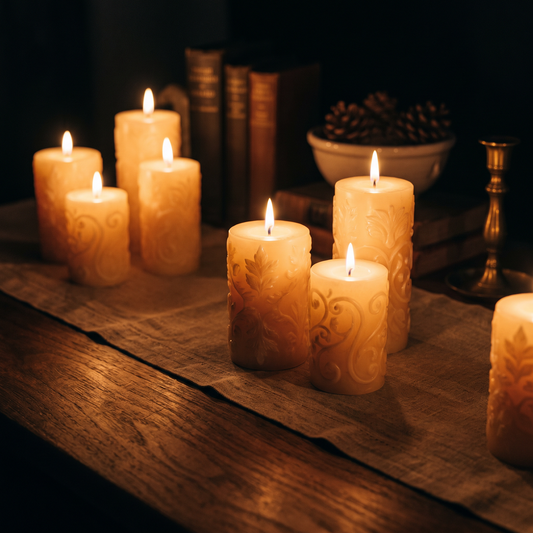 Embossed LED pillar candles with flickering flames