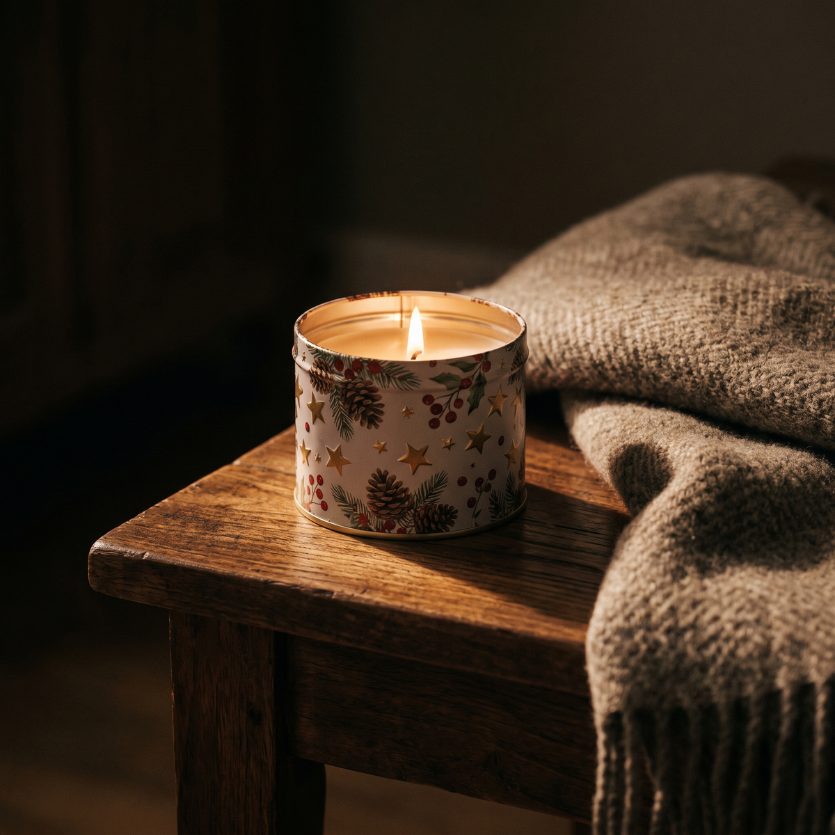 Festive aroma candle in a decorative tin