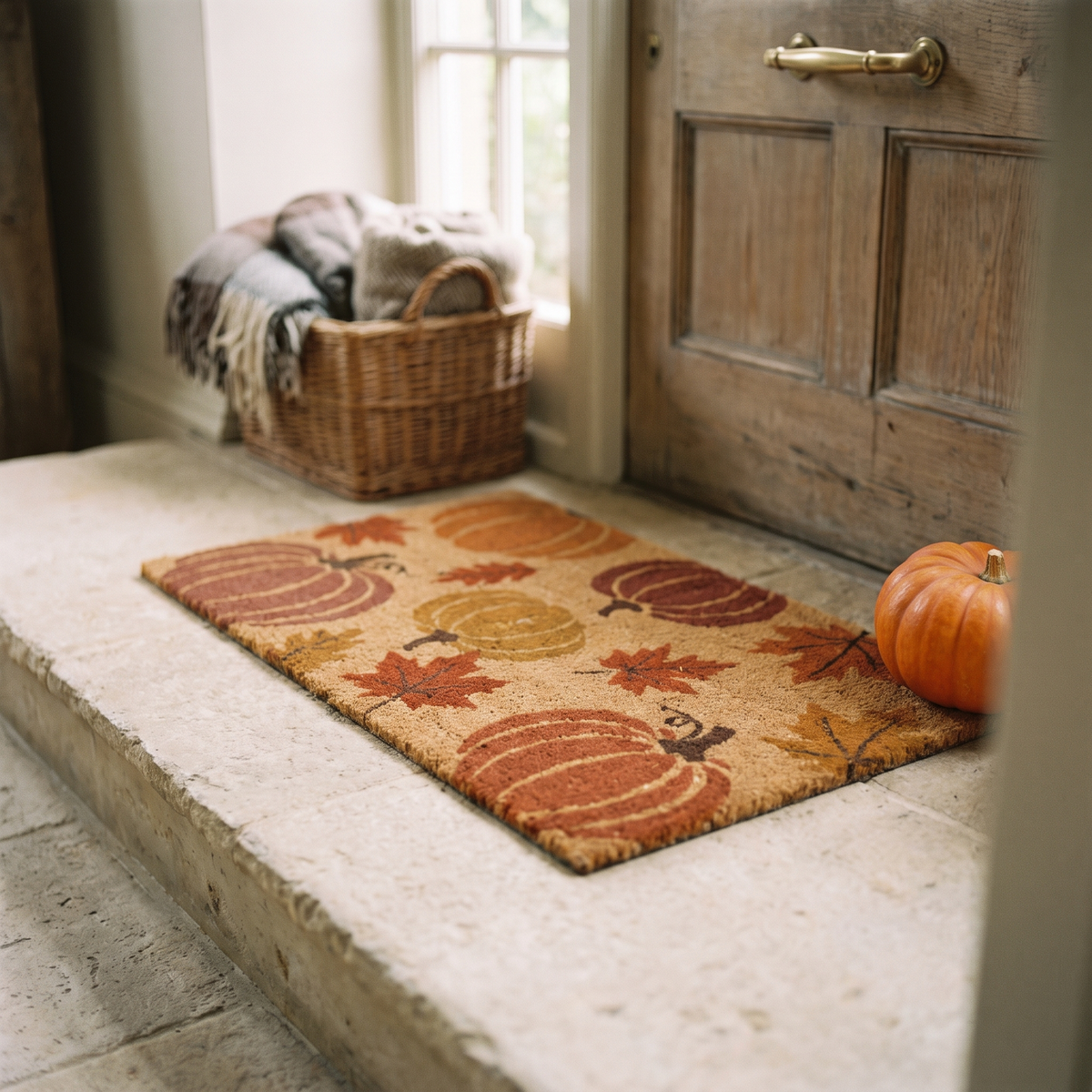 Pumpkin and maple leaf welcome doormat