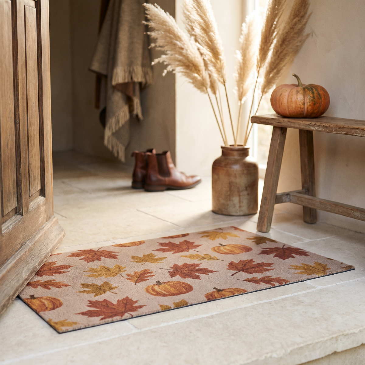 Autumn maple leaf and pumpkin floor mat