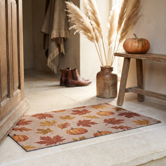 Autumn maple leaf and pumpkin floor mat