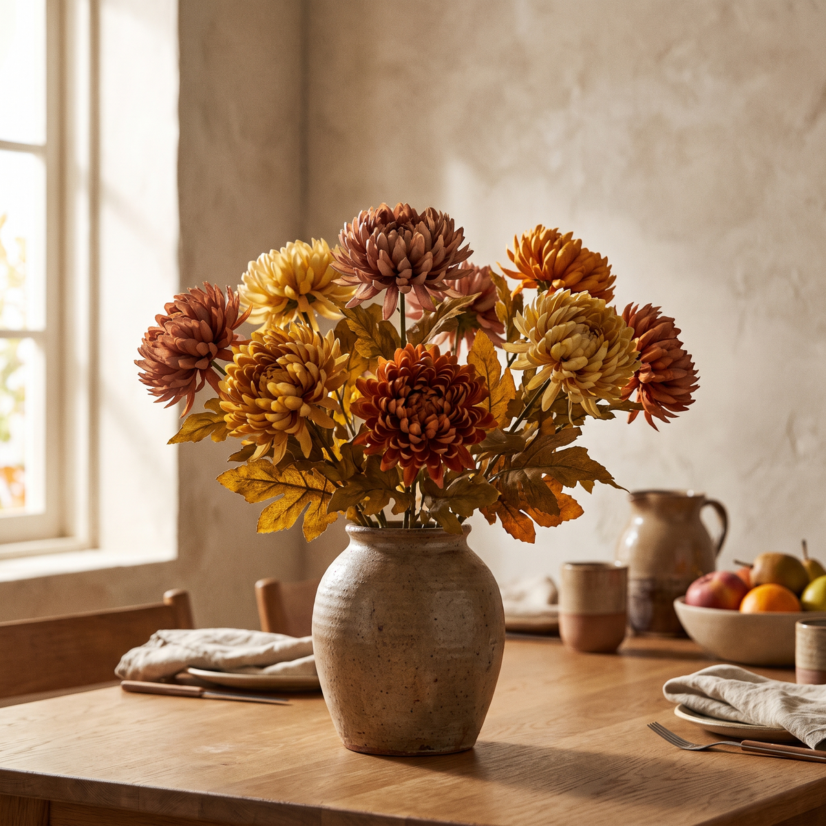 Faux kiku chrysanthemum fall flower arrangement