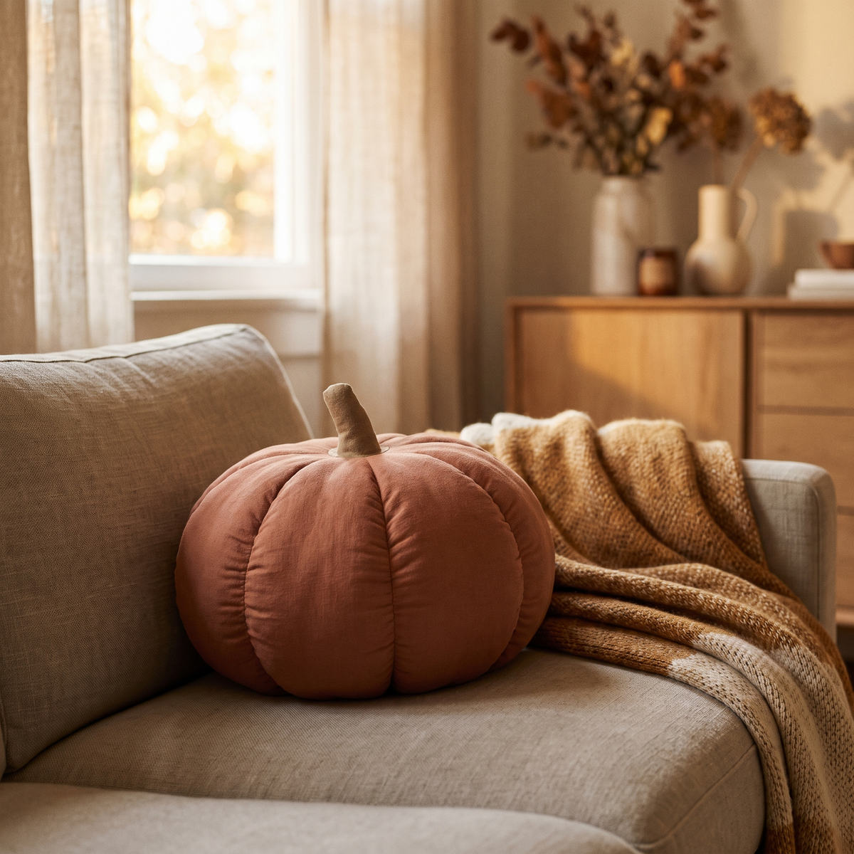 Soft cotton pumpkin shaped cushion on a sofa