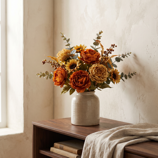 Artificial autumn peony and sunflower bouquet