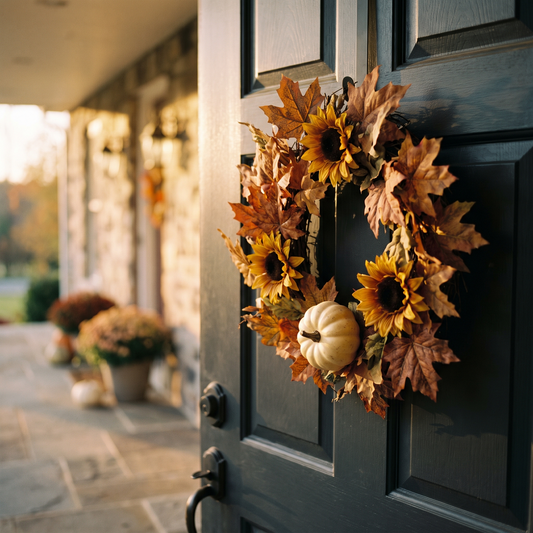 Fall harvest wreath with maple leaves and sunflowers