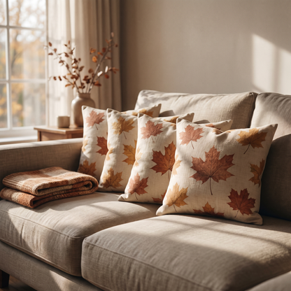 Autumn maple leaf cushion covers on a linen sofa