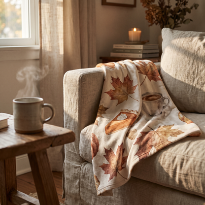 Watercolour fall harvest throw blanket on a sofa