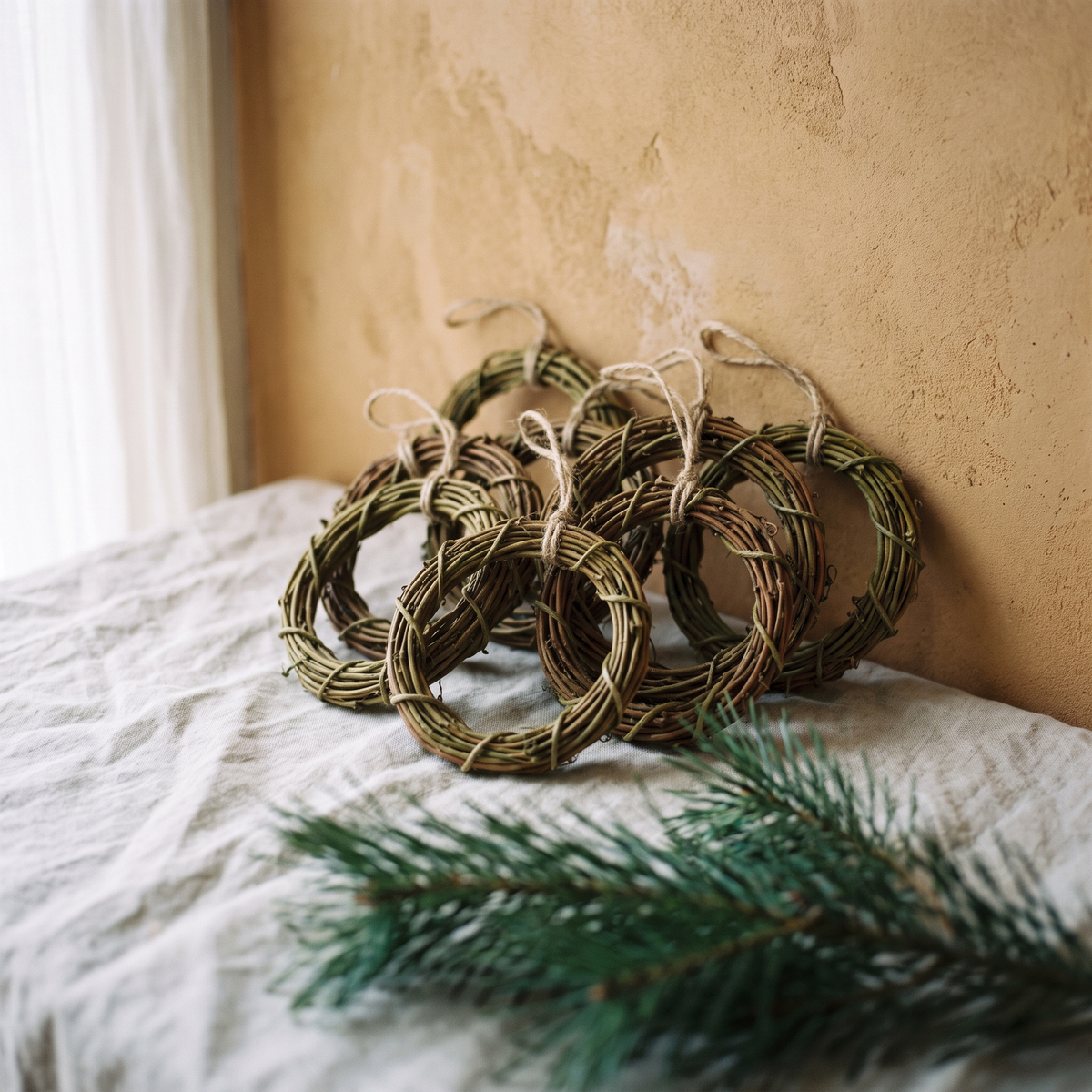 Mini vine circle wreaths arranged on linen