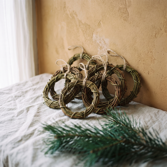 Mini vine circle wreaths arranged on linen