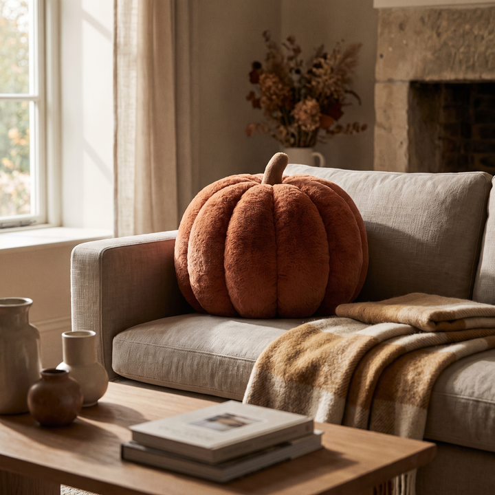 Fluffy pumpkin shaped plush cushion on a sofa