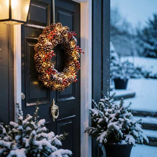 LED pinecone and berry wreath lit on a front door