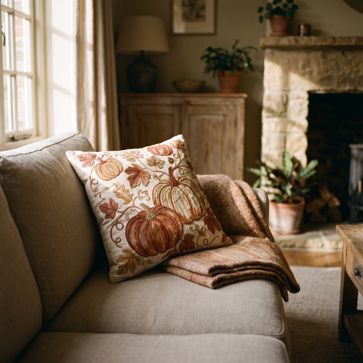 Embroidered autumn pumpkin cushion cover on a sofa