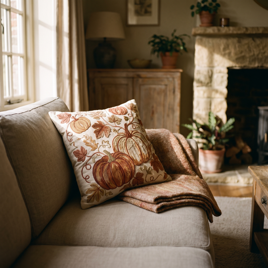 Embroidered autumn pumpkin cushion cover on a sofa