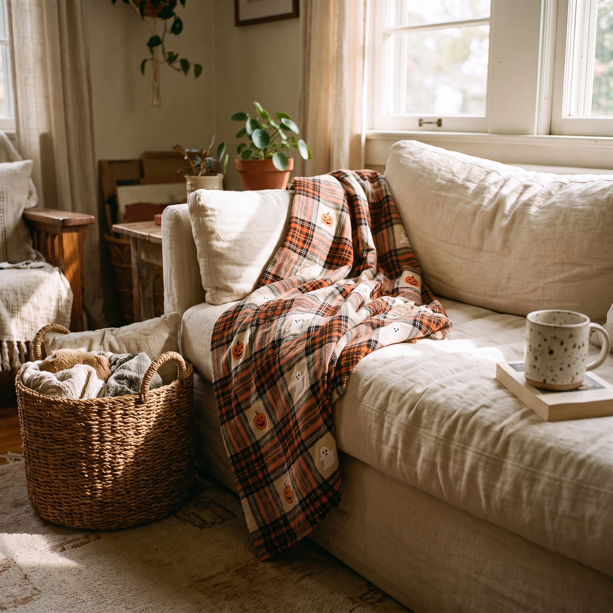 Pumpkin Ghost Flannel Throw Blanket lifestyle