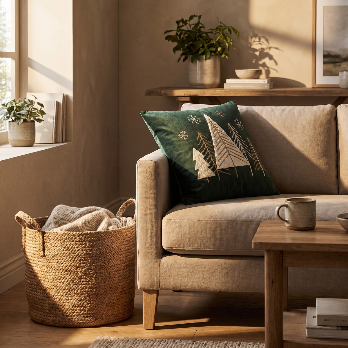 Festive Green Plush Cushion Cover lifestyle