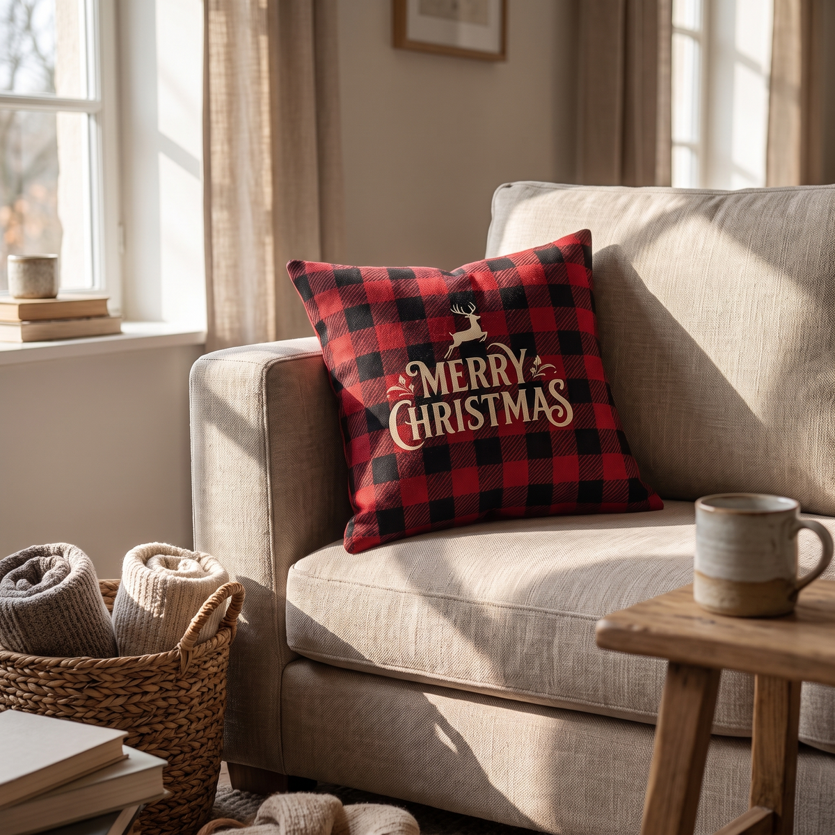 Red Plaid Plush Cushion Cover lifestyle
