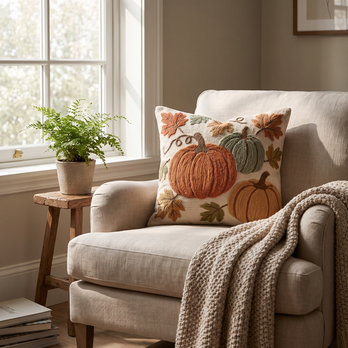 Embroidered Pumpkin Chenille Cushion lifestyle