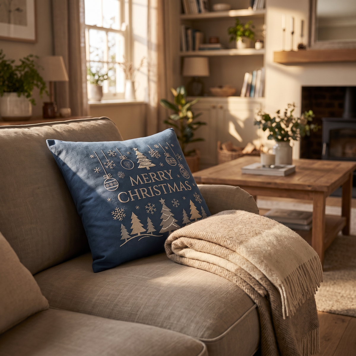 Blue Snowfall Christmas Cushion Cover lifestyle