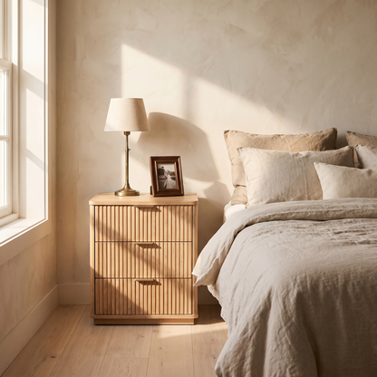 Fluted Oak Three Drawer Nightstand lifestyle
