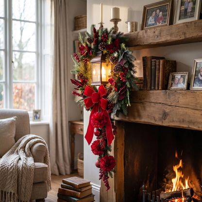 Lit Christmas Bow and Ball Wreath lifestyle
