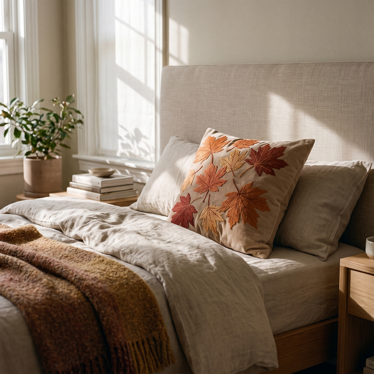 Embroidered Maple Leaf Cushion Cover lifestyle