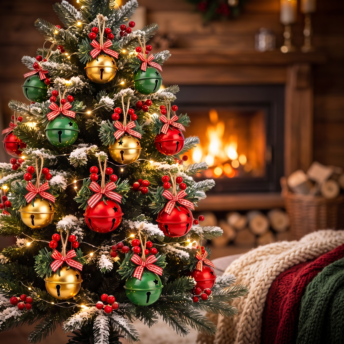 Jingle bell tree ornaments in a cozy home with fireplace and knit blanket