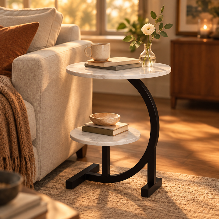 2-Tier Faux Marble End Table styled beside a linen sofa in a warm living room
