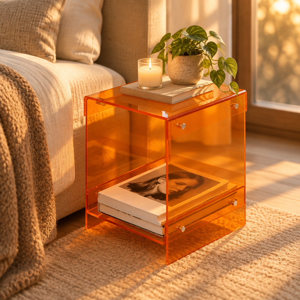 Acrylic Double-Deck Side Table styled in a cozy upscale bedroom