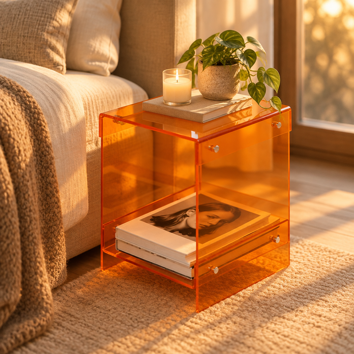Acrylic Double-Deck Side Table styled in a cozy upscale bedroom