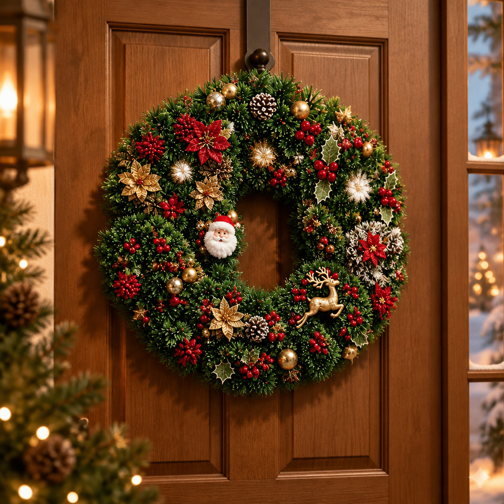 Plastic Red Berry Wreath hung on a front door