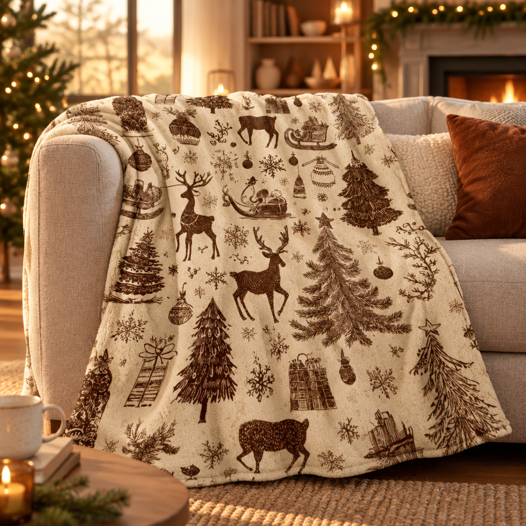 Whimsical Holiday Scene Blanket draped over a sofa arm