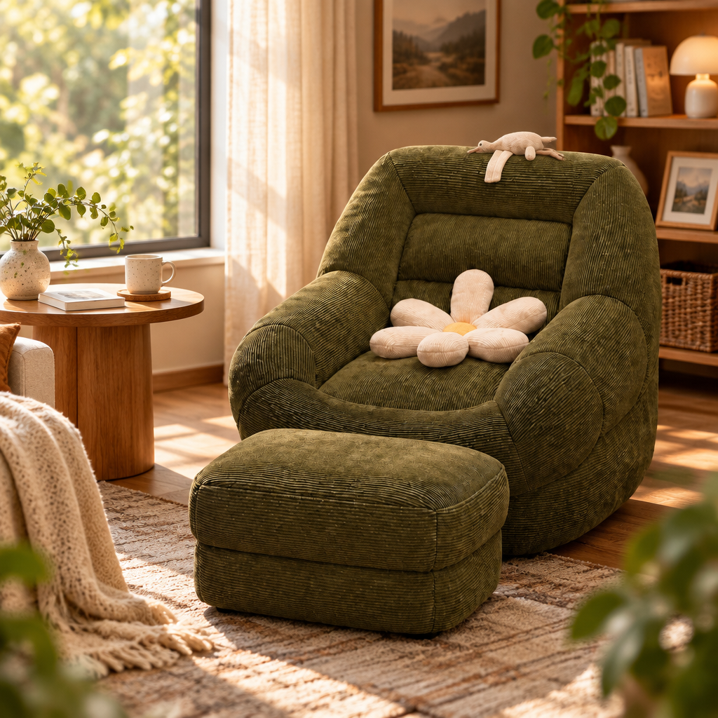 Folding Bean Bag Floor Seat in a cozy reading corner