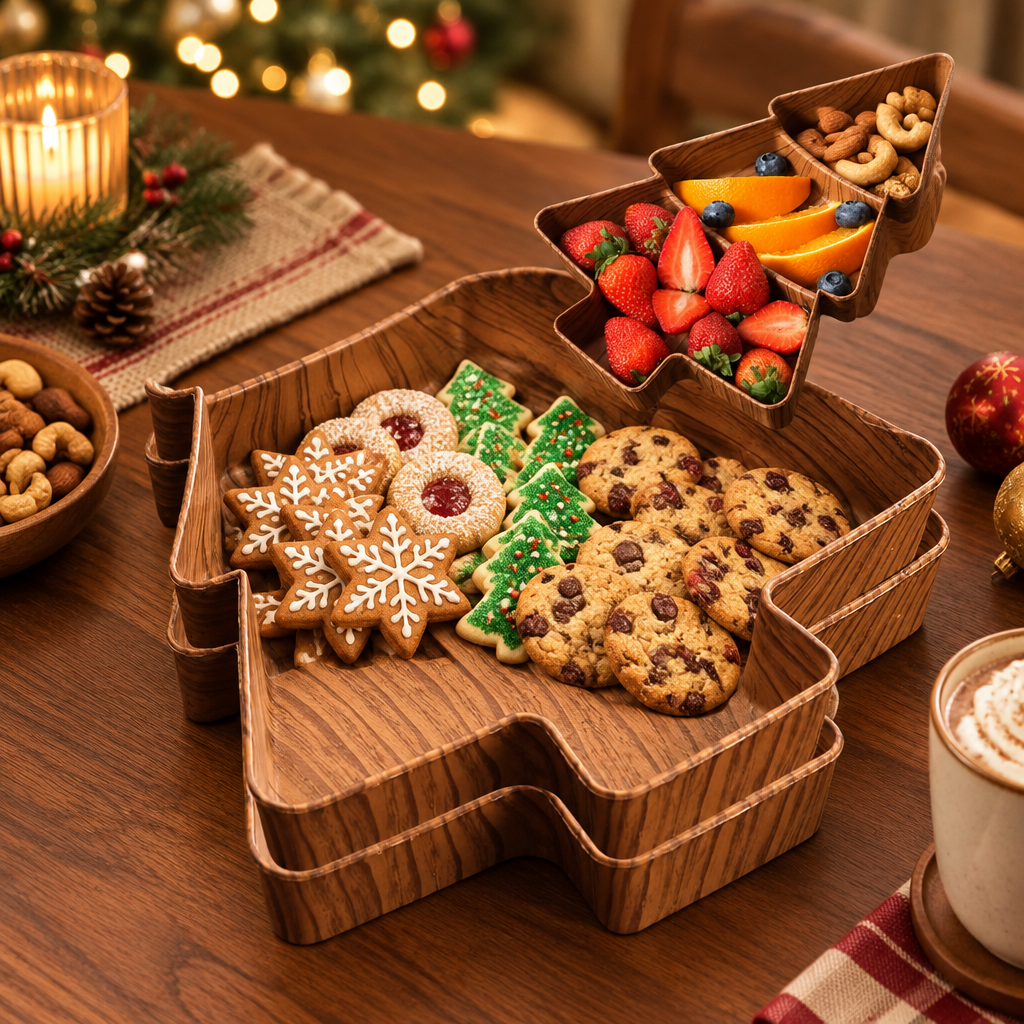 Faux Wood Tree Snack Tray styled with holiday snacks