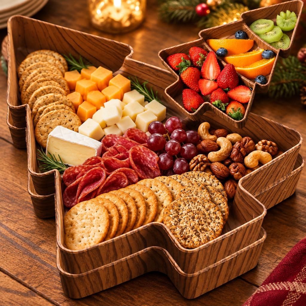 Faux Wood Tree Snack Tray close-up with cheese and crackers