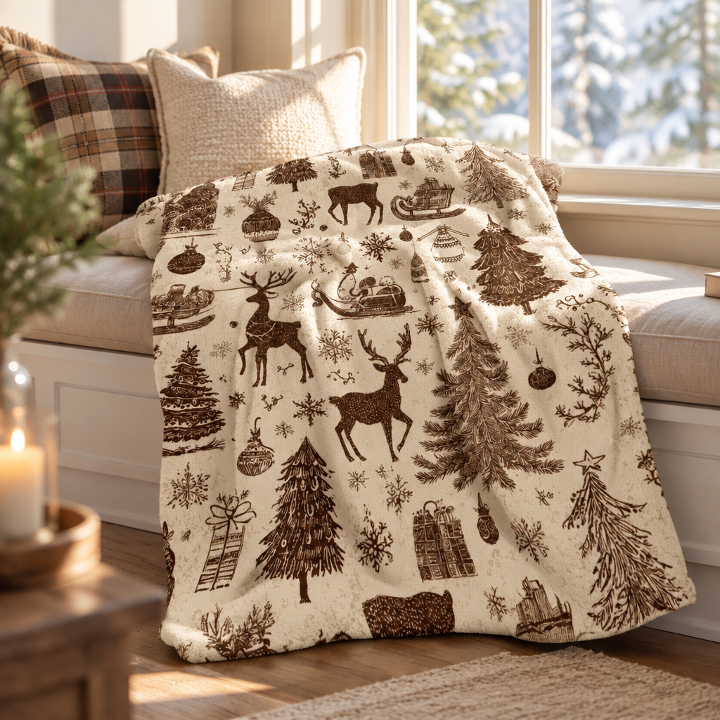 Whimsical Holiday Scene Blanket draped on a window seat