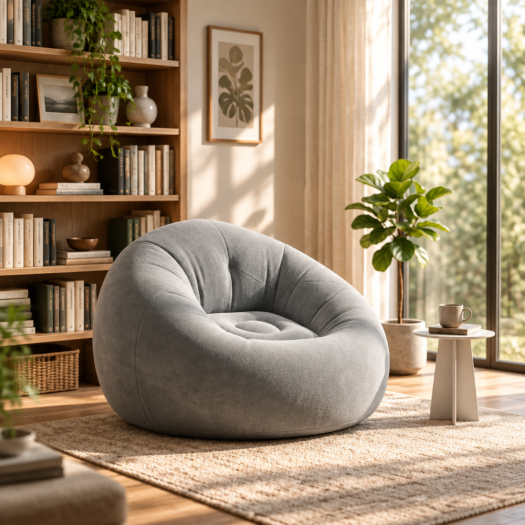 Inflatable Flocked Lazy Sofa in a sunlit reading nook