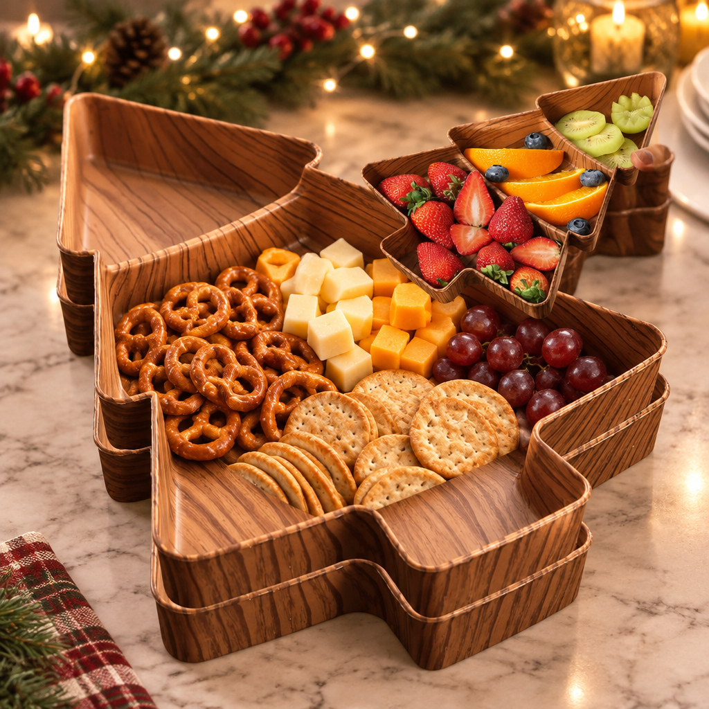 Faux Wood Tree Snack Tray on a kitchen counter