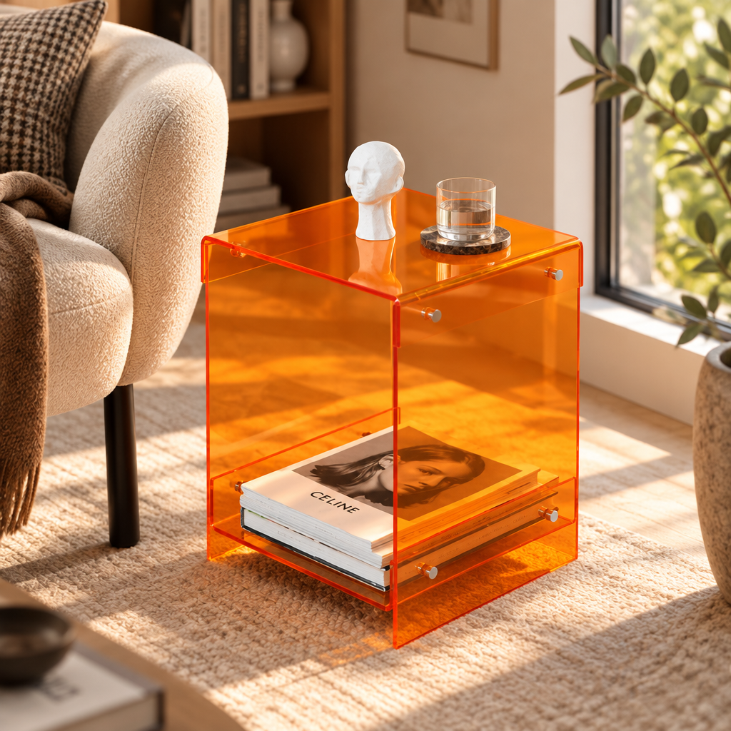 Acrylic Double-Deck Side Table in a cozy reading corner