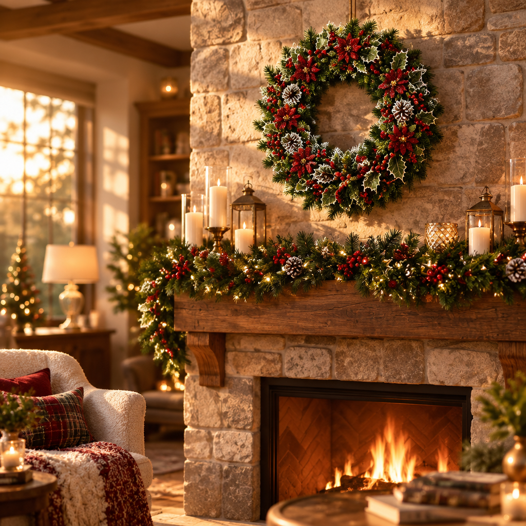Plastic Red Berry Wreath above a fireplace mantle