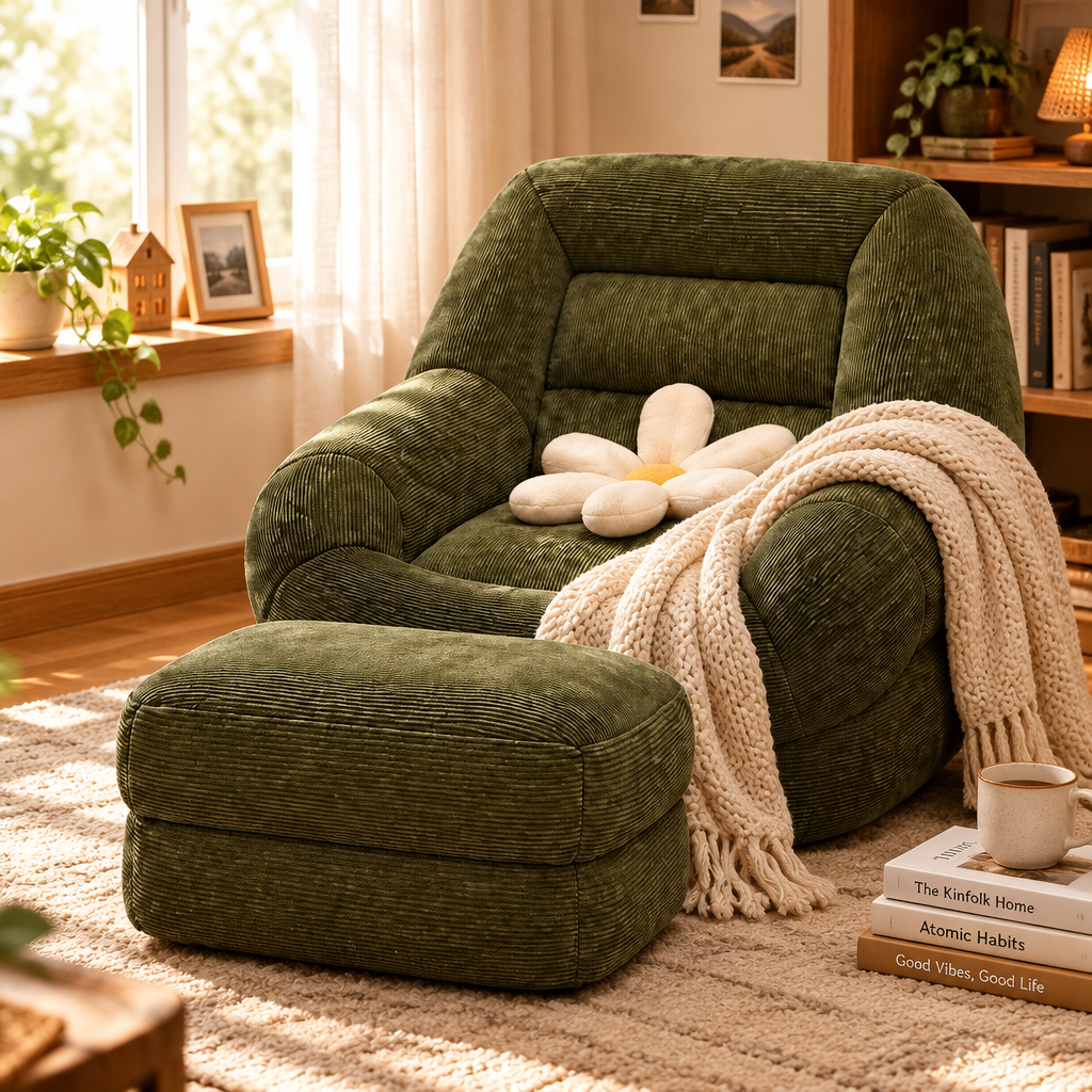Folding Bean Bag Floor Seat close-up with knit throw