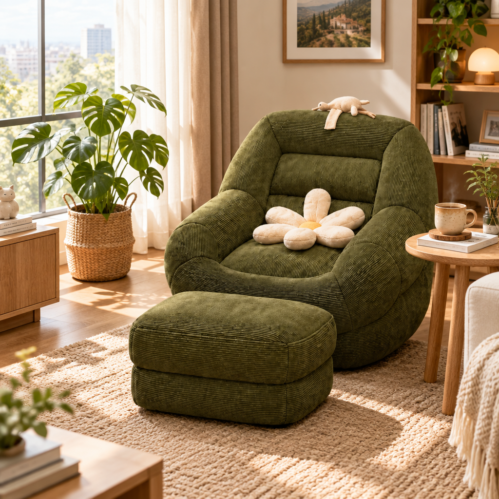Folding Bean Bag Floor Seat in a sunlit living room