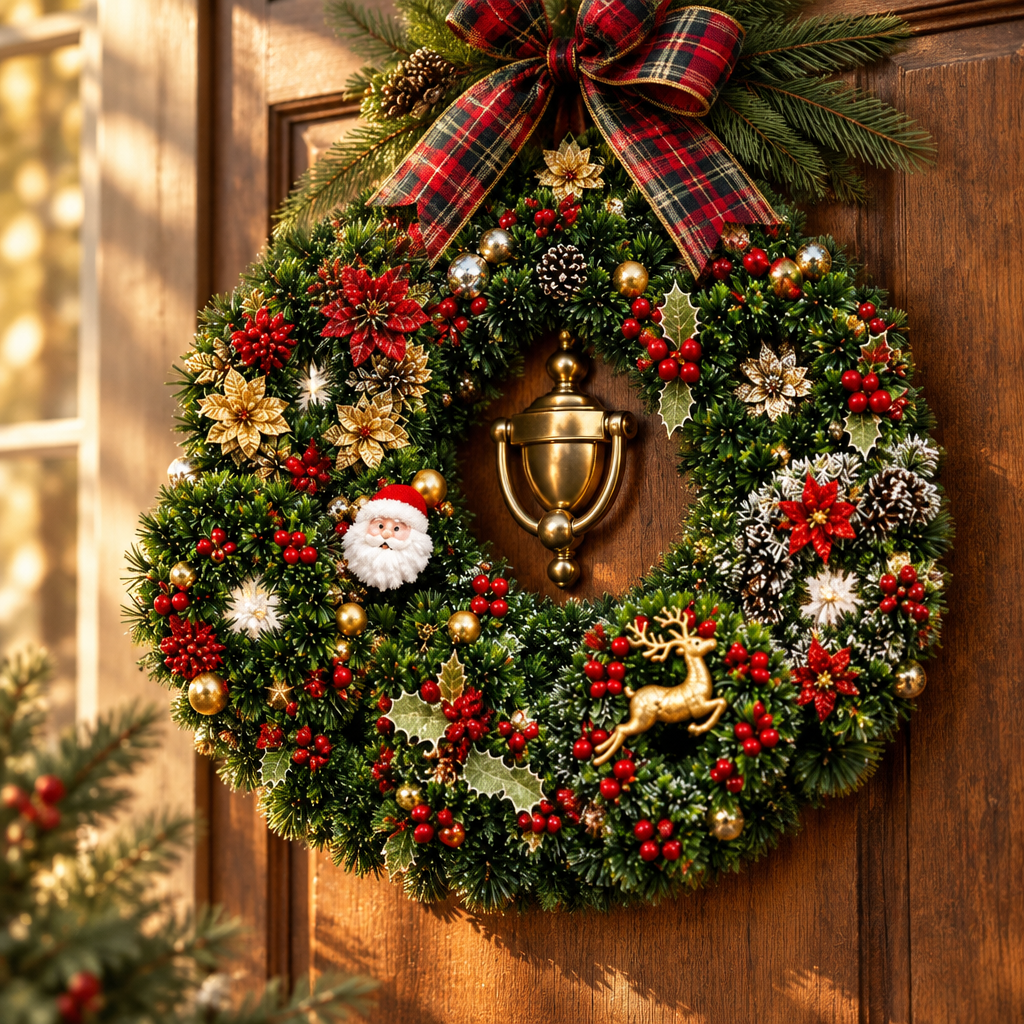 Plastic Red Berry Wreath close-up detail on door