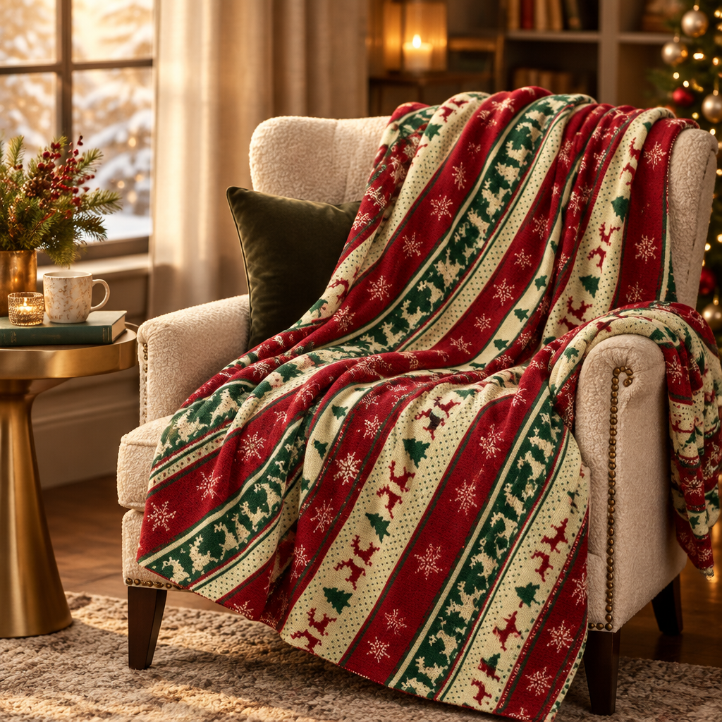 Lightweight Chic Christmas Throw on an upscale reading chair