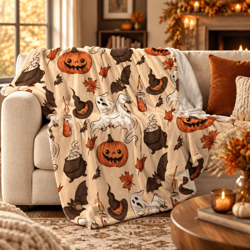 Spooky Pumpkin Plaid Throw Blanket draped over an upscale sofa