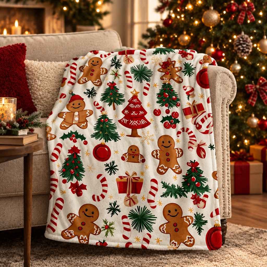 Gingerbread Wonderland Throw Blanket by a lit Christmas tree